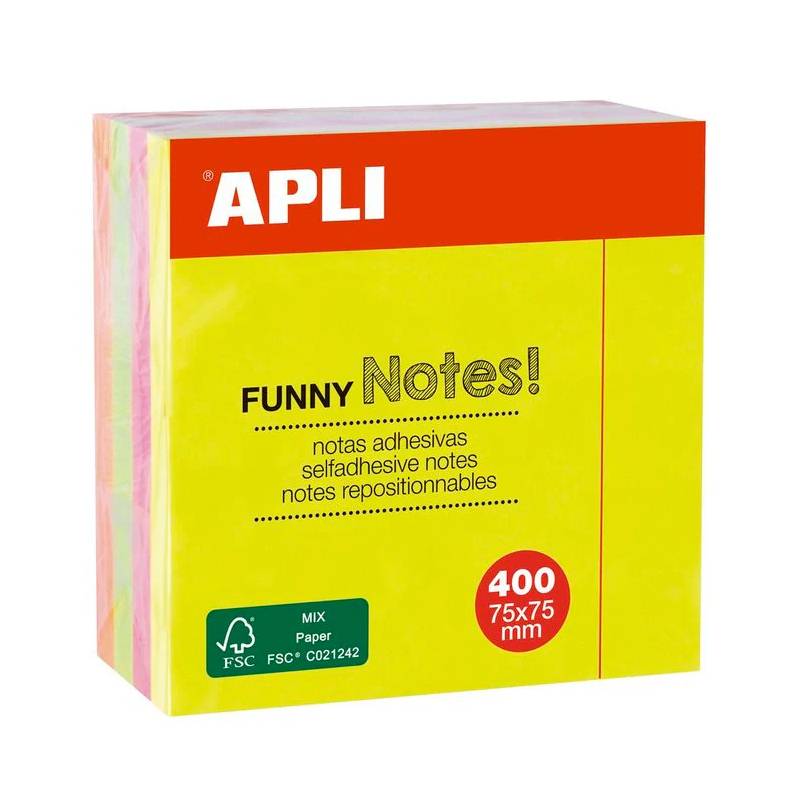 Notas Adhesivas APLI Colores Neón - Taco de 400 (75x75mm)