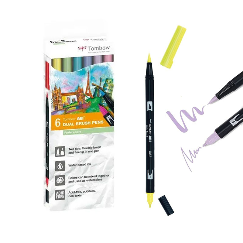 Rotuladores Tombow Doble Punta pincel y fina - Estuche de 6 colores pasteles